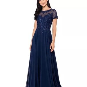 Xscape Navy Blue Maxi Dress with Lace Detail